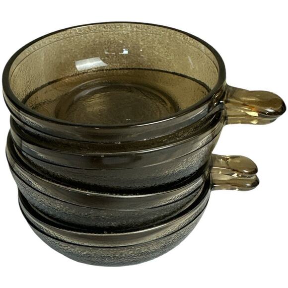 Vintage Smokey Brown Glass Soup Bowls With Handle Set Of 4 - Picture 1 of 4